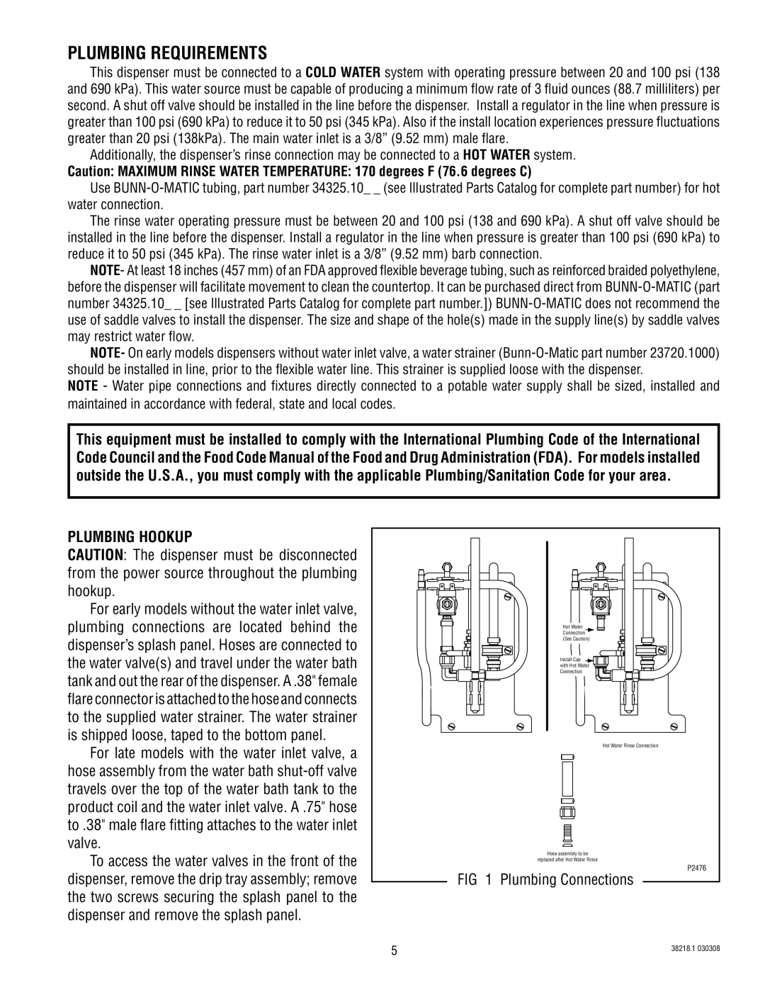 Bunn S/N 0005473 & UP manual Plumbing Requirements, Plumbing Hookup, Plumbing Connections 