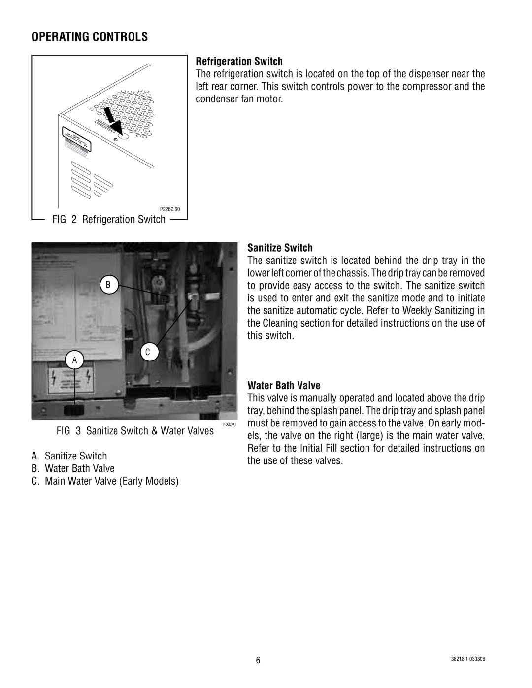 Bunn S/N 0005473 & UP manual Operating Controls, Refrigeration Switch, Sanitize Switch, Water Bath Valve 