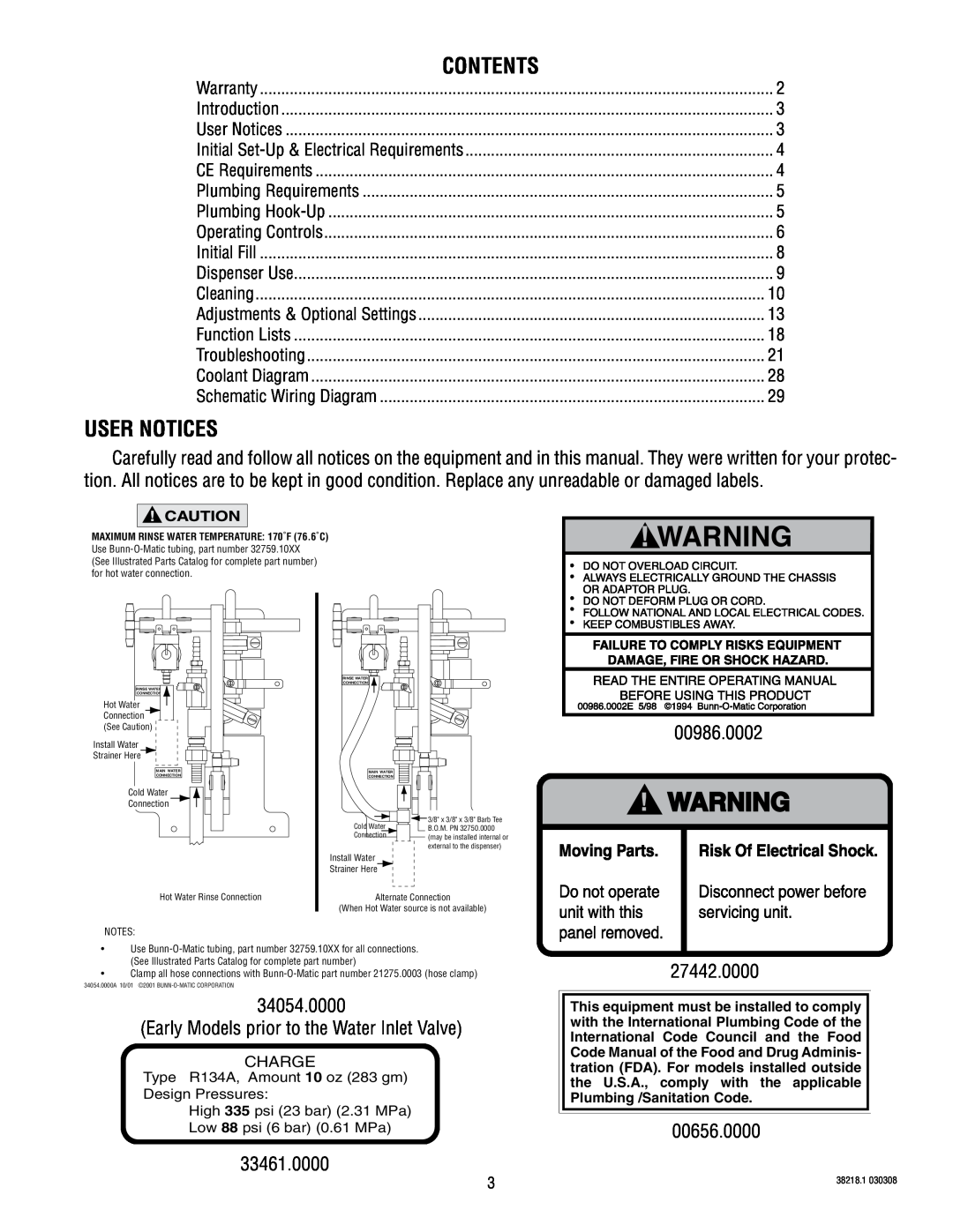 Bunn S/N 0005473 & UP Contents, User Notices, 00986.0002, 27442.0000, Early Models prior to the Water Inlet Valve, Charge 