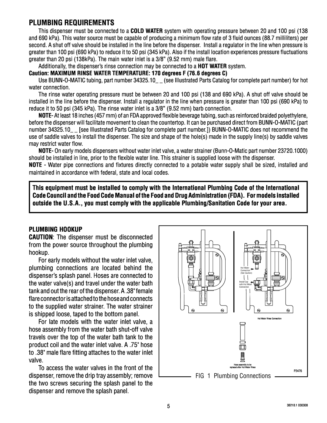 Bunn S/N 0005473 & UP manual Plumbing Requirements, Plumbing Hookup 