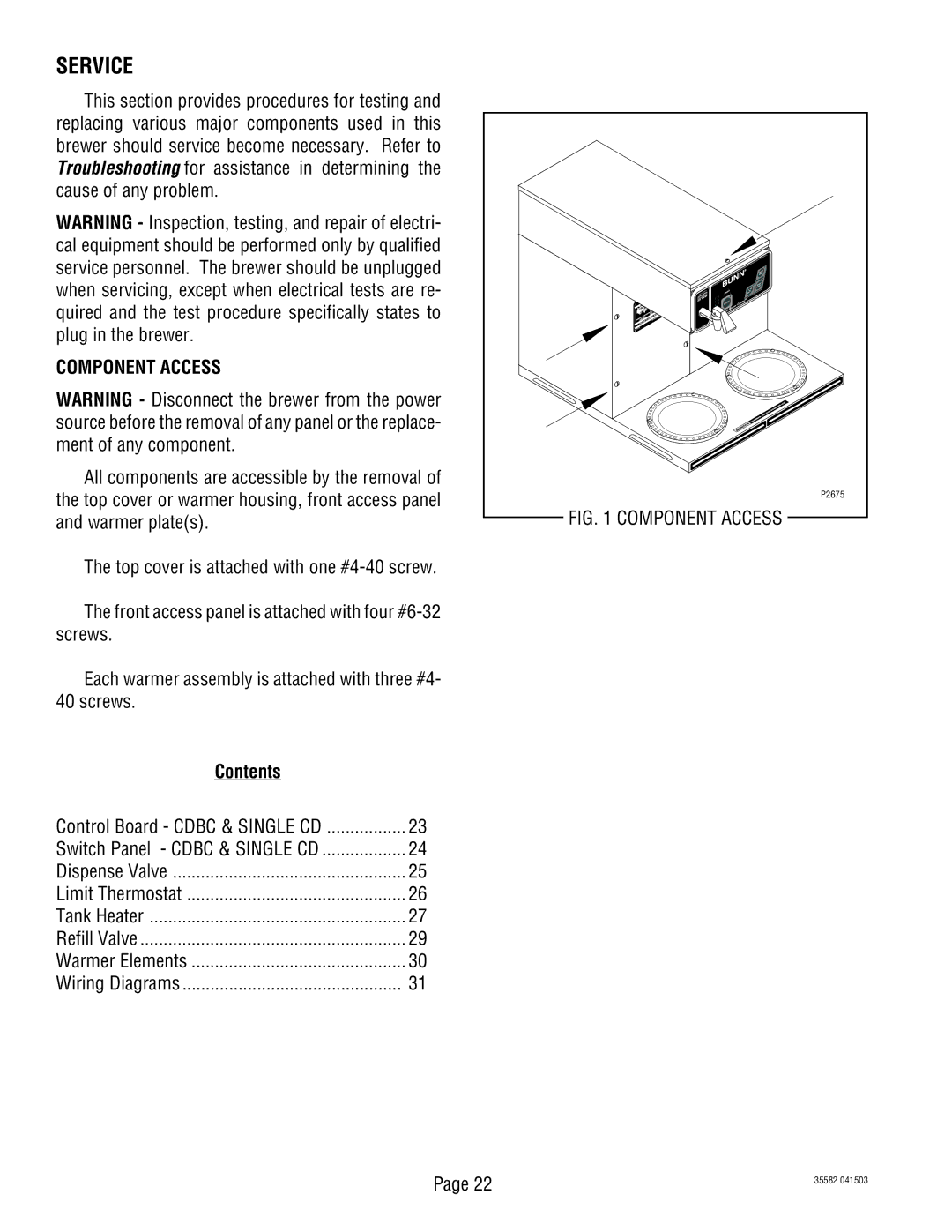 Bunn CDBCFP, S/N CDBC020213, CDBCP service manual Service, Component Access, Contents 