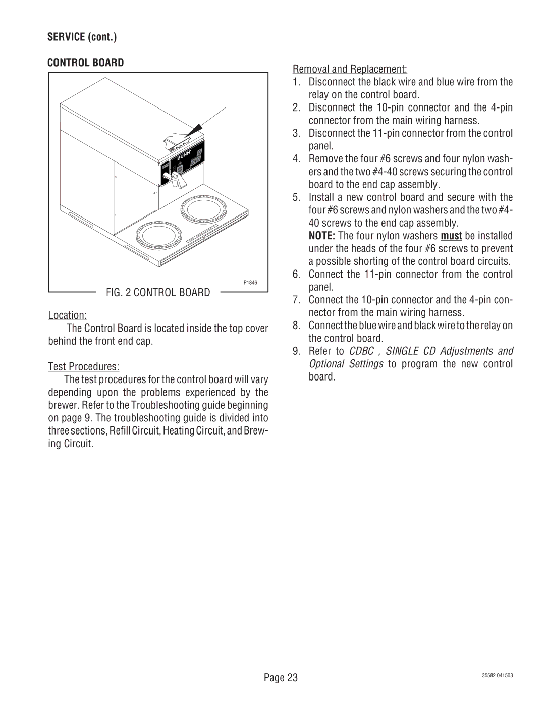 Bunn CDBCP, S/N CDBC020213, CDBCFP Service, Control Board, Disconnect the 11-pin connector from the control panel 
