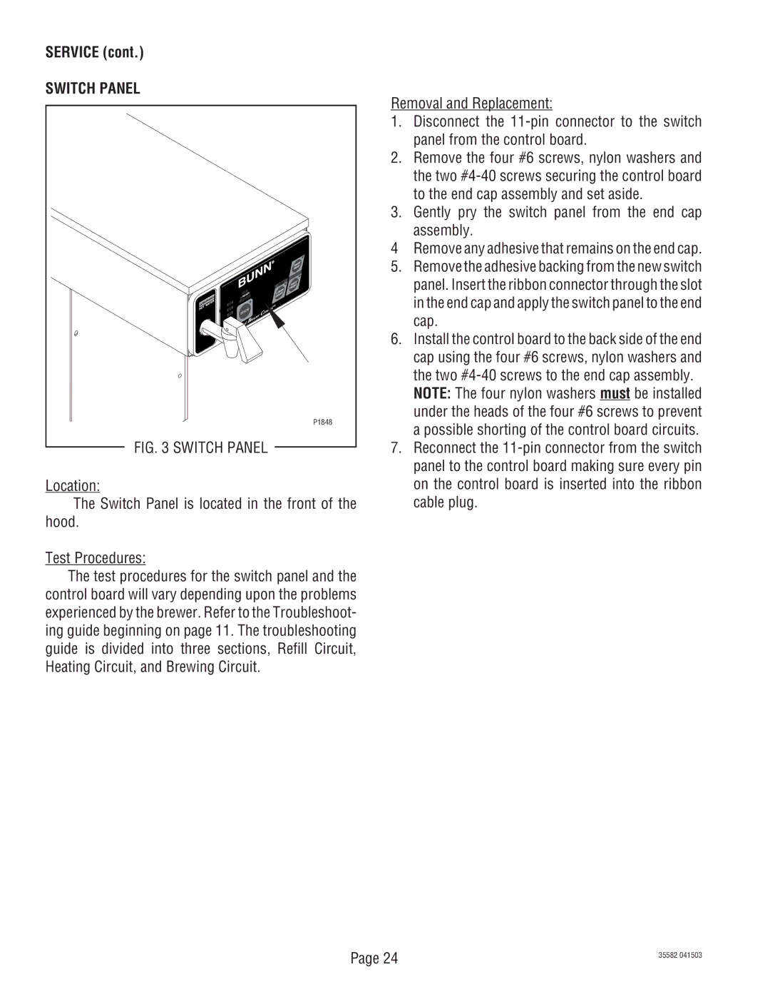 Bunn S/N CDBC020213, CDBCFP, CDBCP service manual Switch Panel 