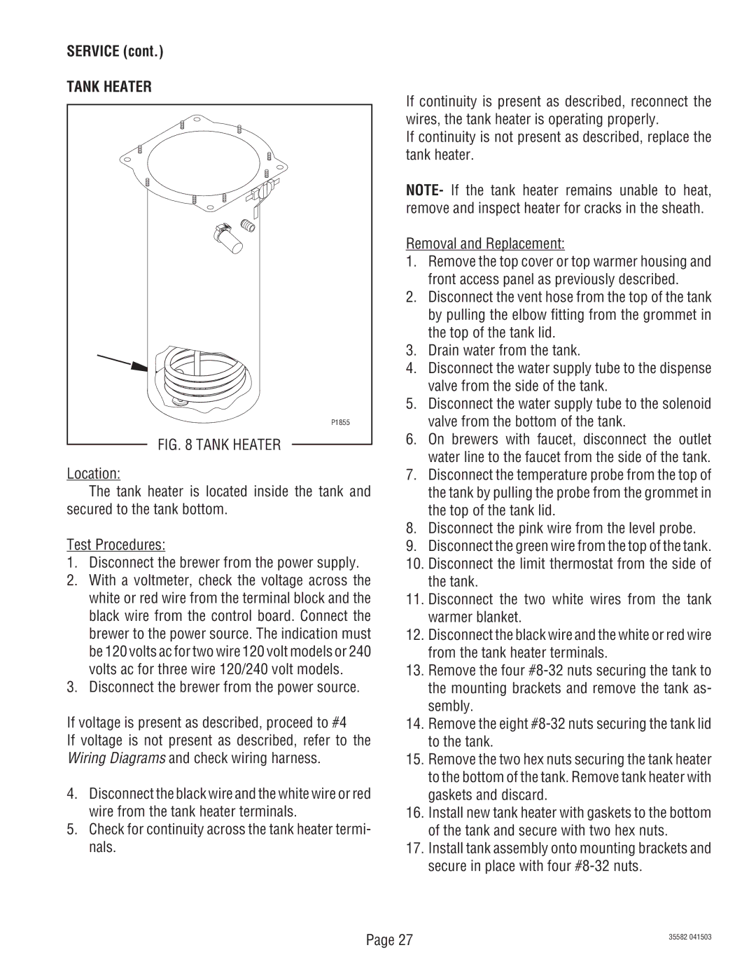 Bunn CDBCP, S/N CDBC020213, CDBCFP service manual Tank Heater 