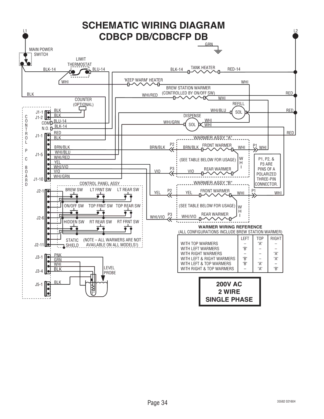 Bunn CDBCFP, S/N CDBC020213, CDBCP service manual 200V AC, Wire Single Phase 