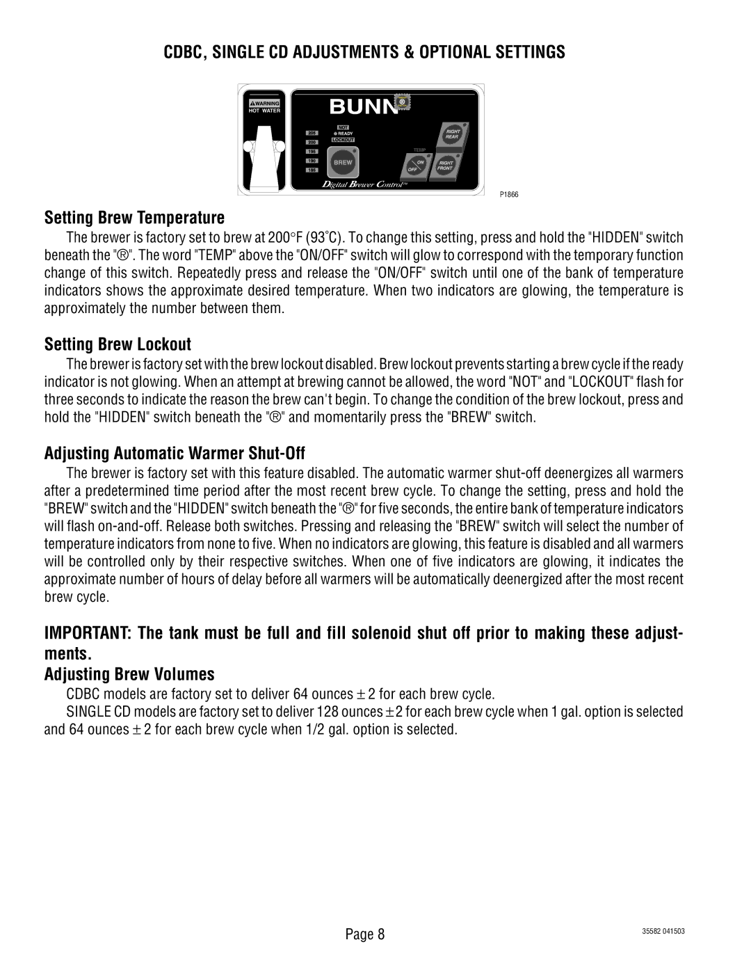 Bunn S/N CDBC020213, CDBCFP, CDBCP CDBC, Single CD Adjustments & Optional Settings, Setting Brew Temperature 