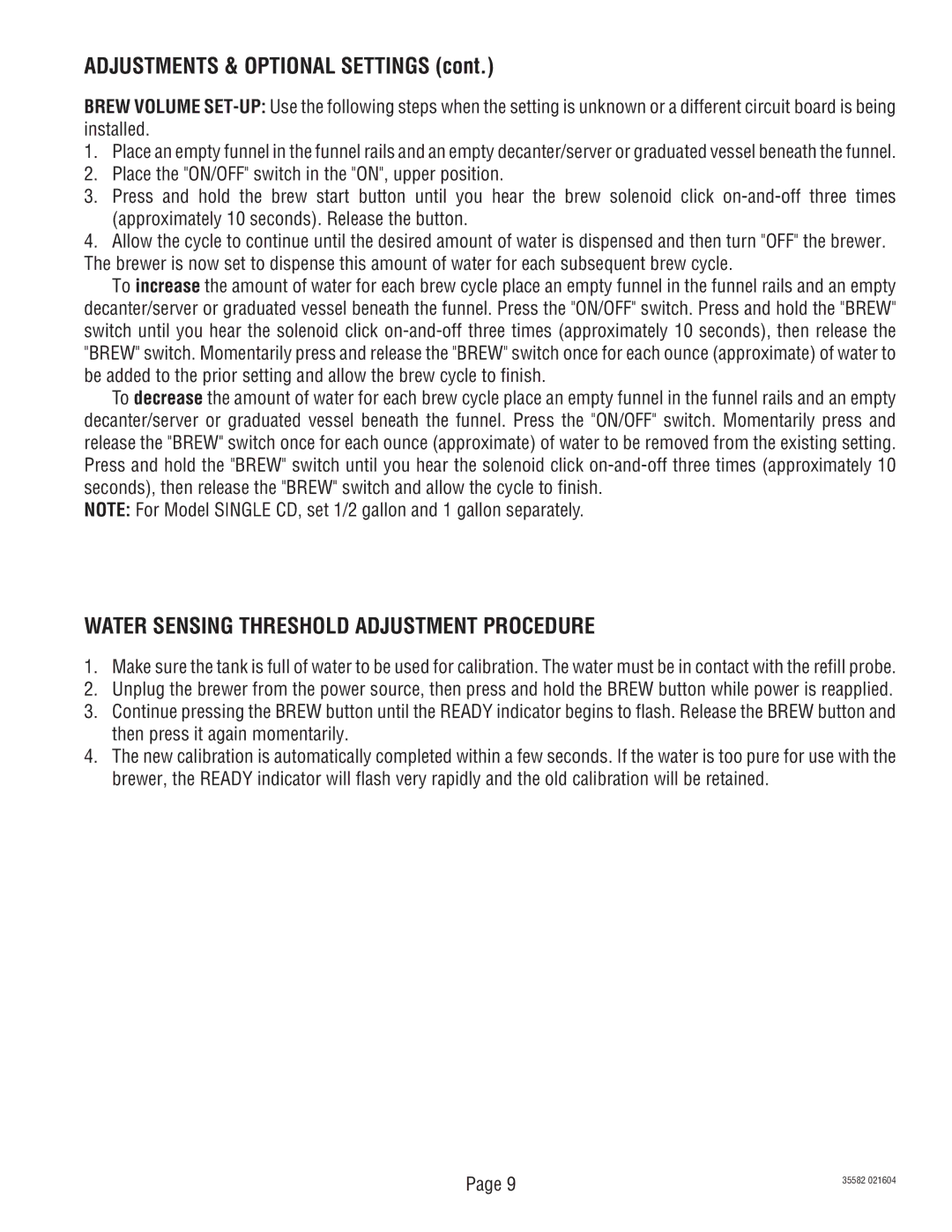 Bunn S/N CDBC020213, CDBCFP, CDBCP Adjustments & Optional Settings, Water Sensing Threshold Adjustment Procedure 