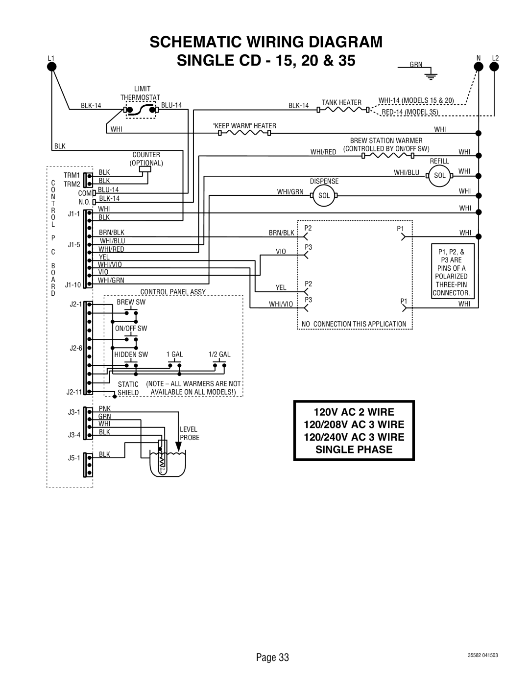 Bunn CDBCFP, CDBCP SINGLE CD - 15, 20, Schematic Wiring Diagram, 120V AC 2 WIRE, 120/208V AC 3 WIRE, 120/240V AC 3 WIRE 