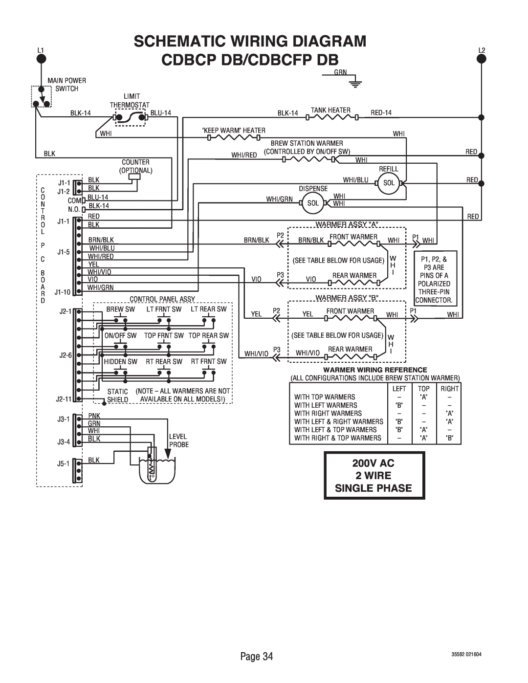 Bunn CDBCFP, CDBCP Schematic Wiring Diagram, Cdbcp Db/Cdbcfp Db, 200V AC 2WIRE SINGLE PHASE, Warmer Wiring Reference 