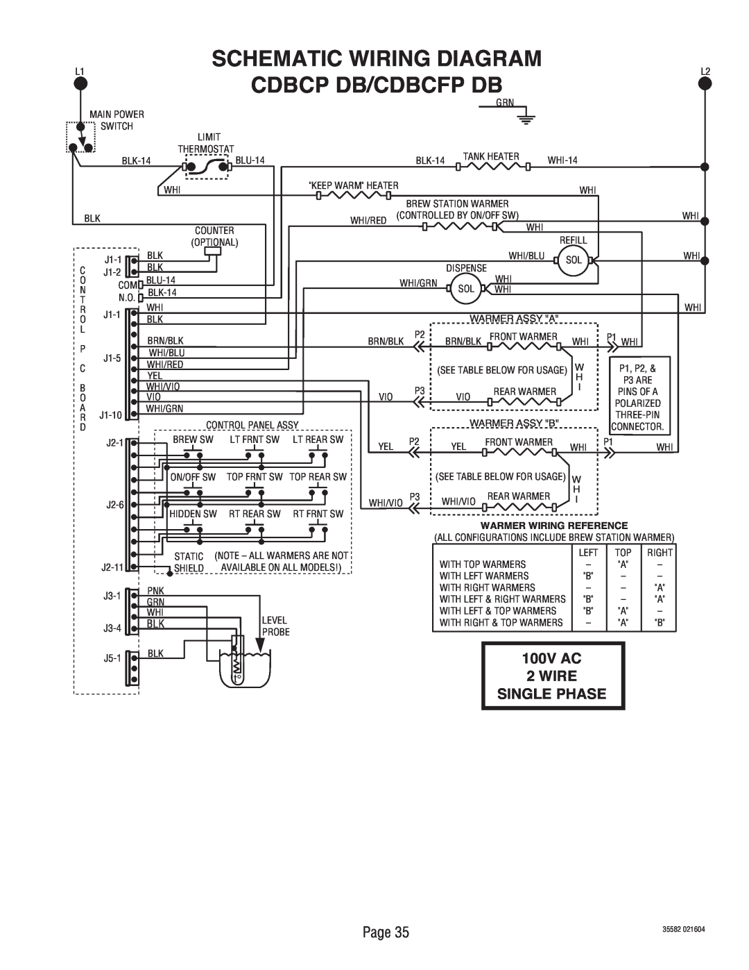 Bunn CDBCP, CDBCFP 100V AC 2WIRE SINGLE PHASE, Schematic Wiring Diagram, Cdbcp Db/Cdbcfp Db, Warmer Wiring Reference 