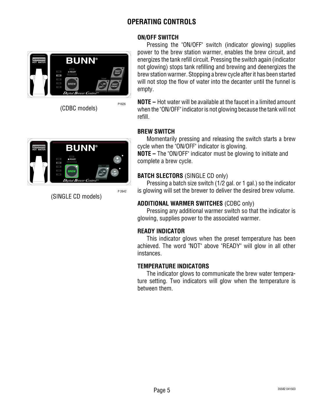 Bunn CDBCFP Operating Controls, On/Off Switch, Brew Switch, ADDITIONAL WARMER SWITCHES CDBC only, Ready Indicator 