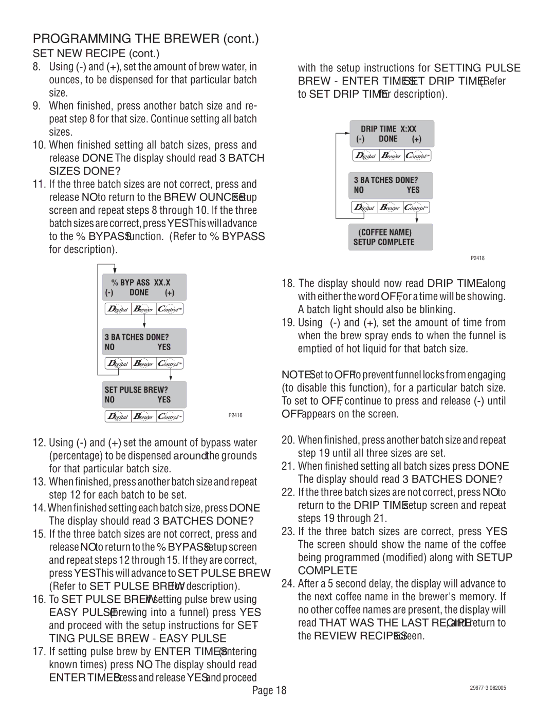 Bunn S/N DUAL068000 manual SET NEW Recipe, Sizes DONE? 