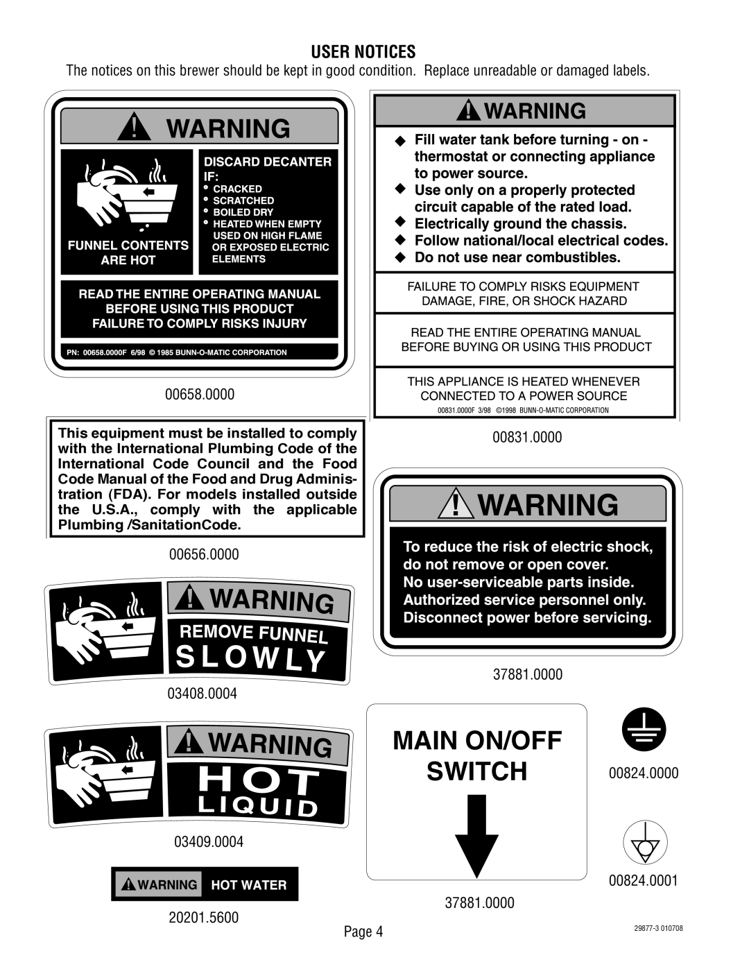 Bunn S/N DUAL068000 manual User Notices, 00658.0000, 00831.0000, 00656.0000 37881.0000 03408.0004 