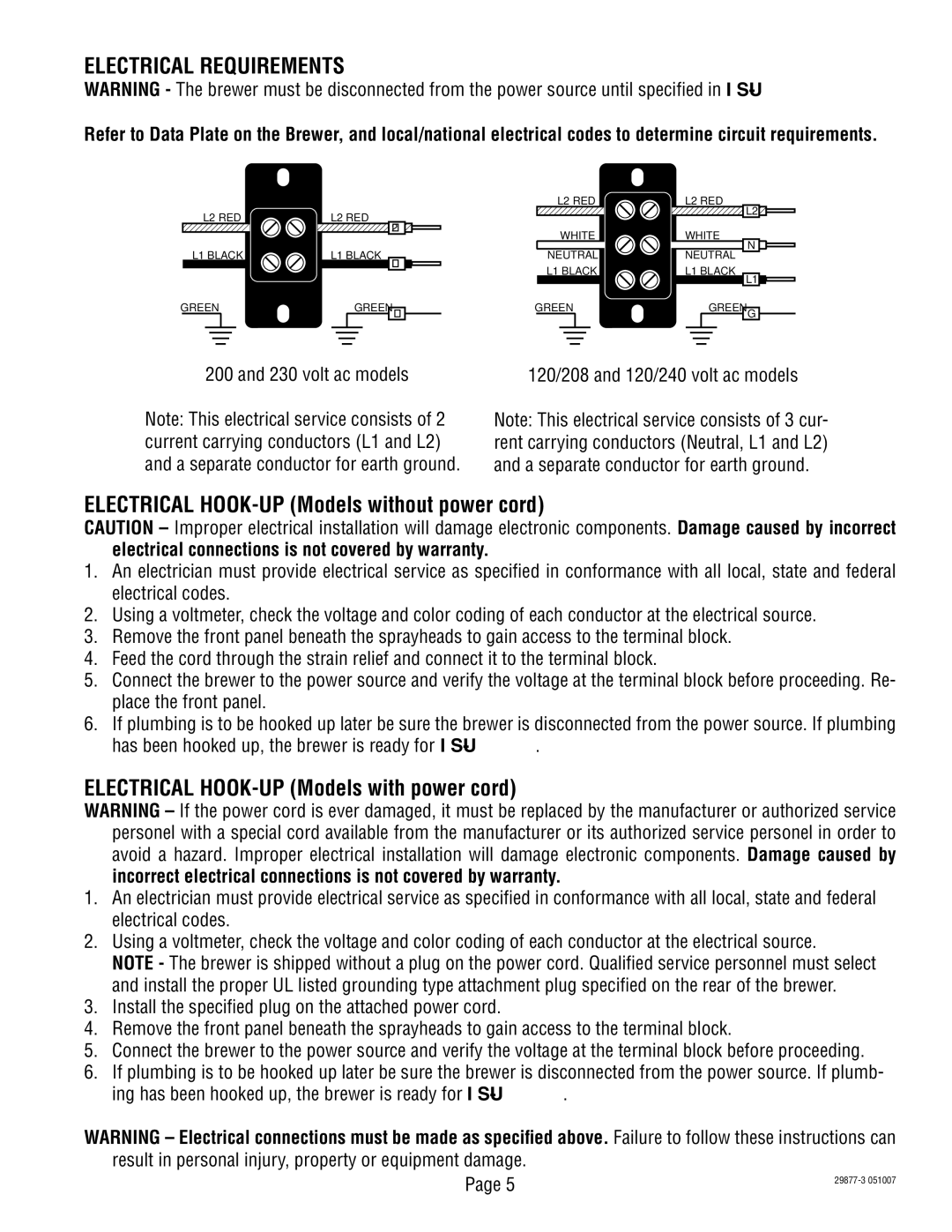 Bunn S/N DUAL068000 manual Electrical Requirements, volt ac models 