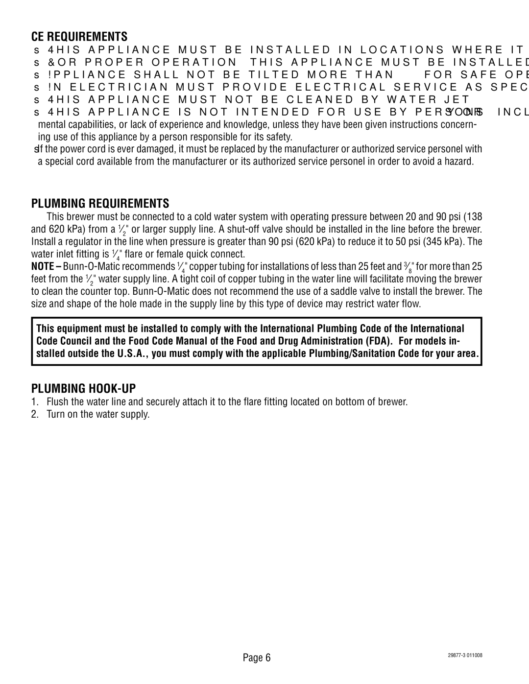 Bunn S/N DUAL068000 manual CE Requirements, Plumbing Requirements, Plumbing HOOK-UP 