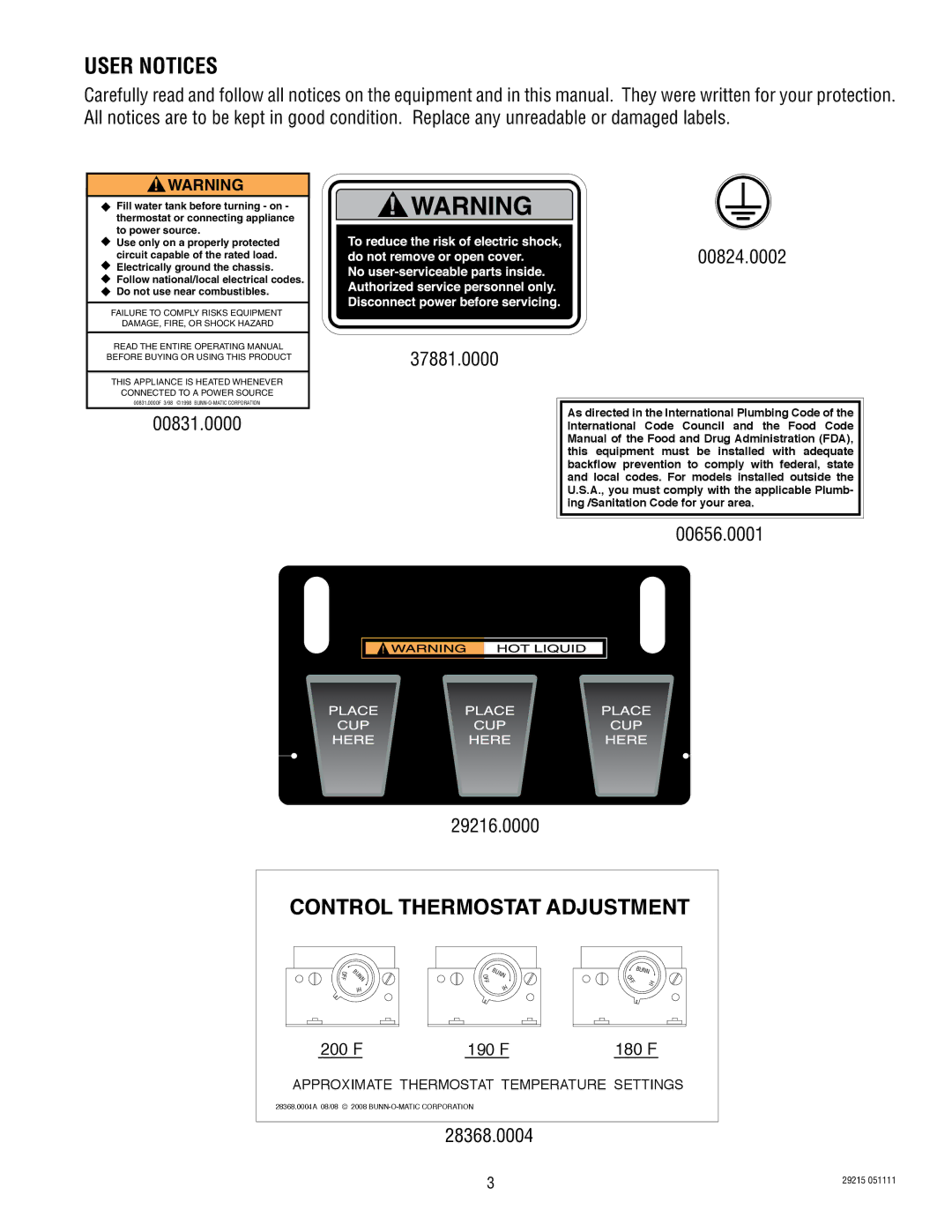 Bunn FMDA DBC-3, SN FMD0013000-UP service manual User Notices, Electrically ground the chassis 