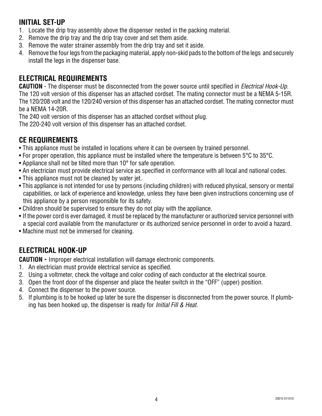 Bunn SN FMD0013000-UP, FMDA DBC-3 Initial SET-UP, Electrical Requirements, CE Requirements, Electrical Hook-Up 