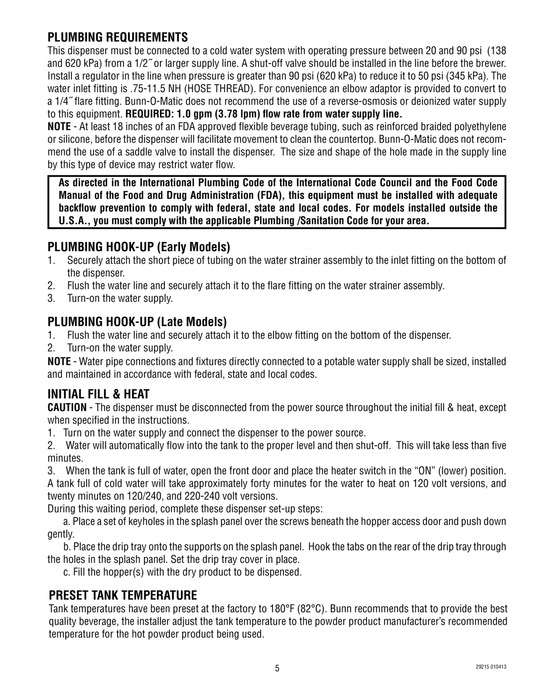 Bunn FMDA DBC-3 Plumbing Requirements, Plumbing HOOK-UP Early Models, Plumbing HOOK-UP Late Models, Initial fill & heat 