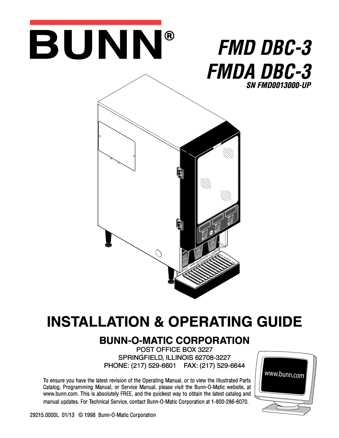 Bunn service manual FMD DBC-3 FMDA DBC-3, Installation & Operating Guide, Bunn-O-Matic Corporation, SN FMD0013000-UP 