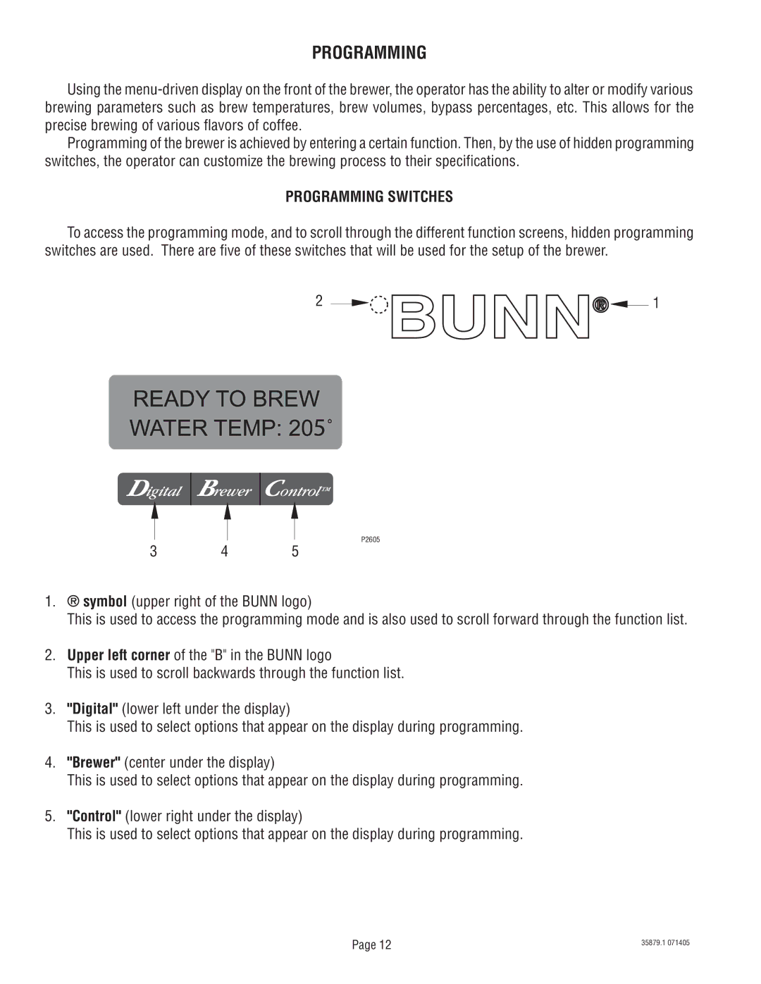 Bunn S/N SNG0033000 & UP manual Programming Switches 