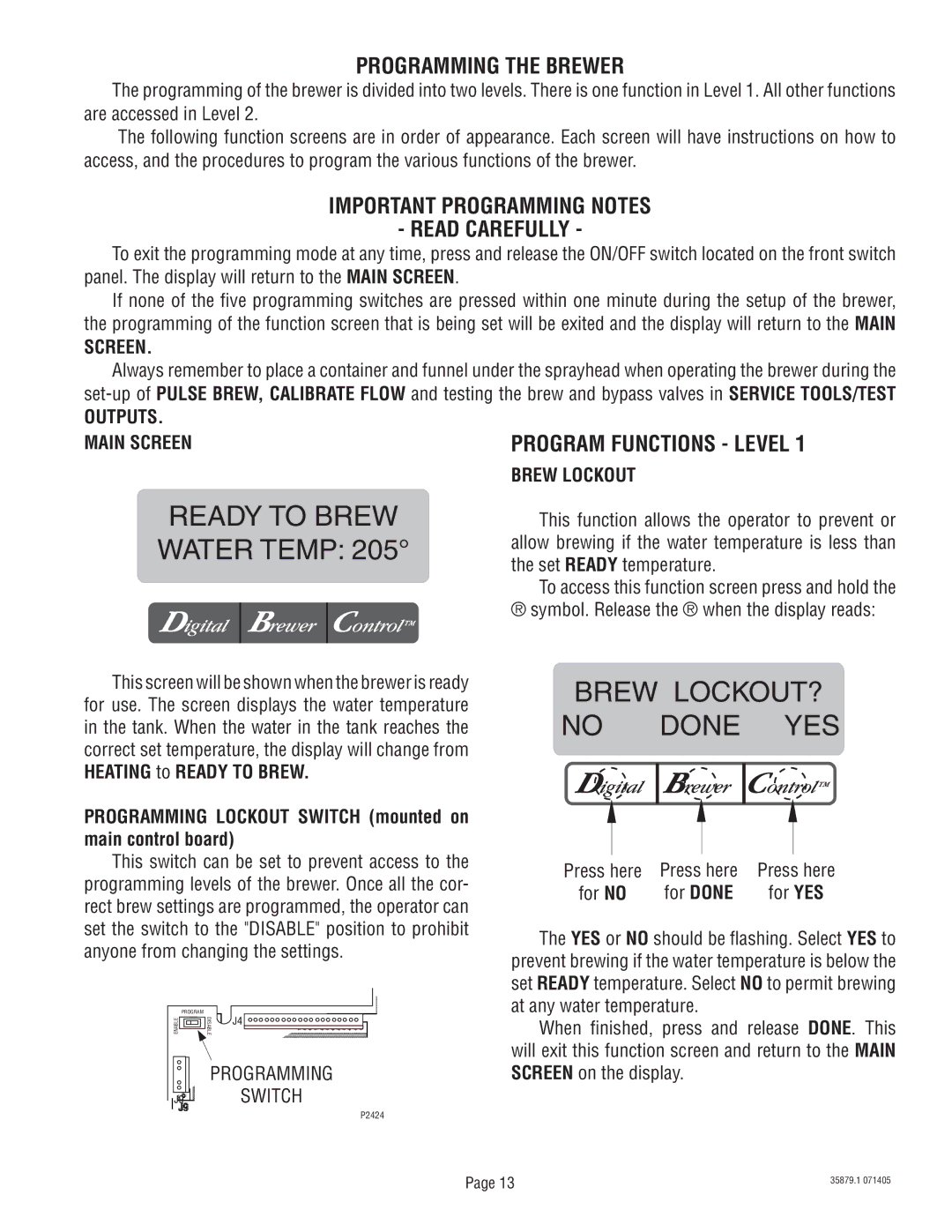 Bunn S/N SNG0033000 & UP manual Programming Switch 