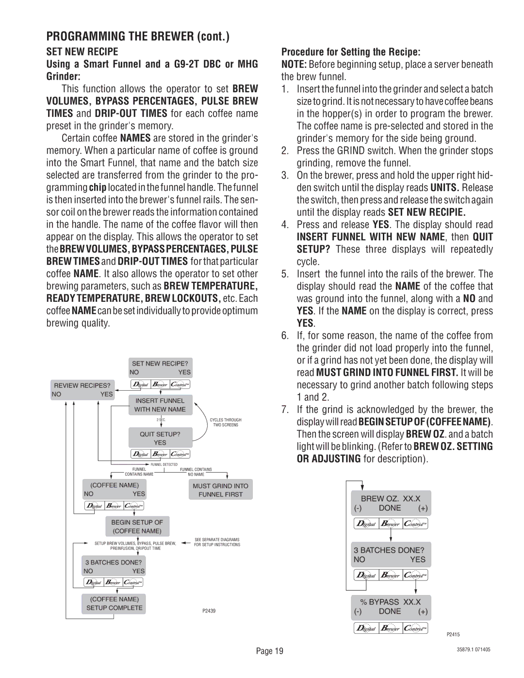 Bunn S/N SNG0033000 & UP SET NEW Recipe, This function allows the operator to set Brew, Procedure for Setting the Recipe 