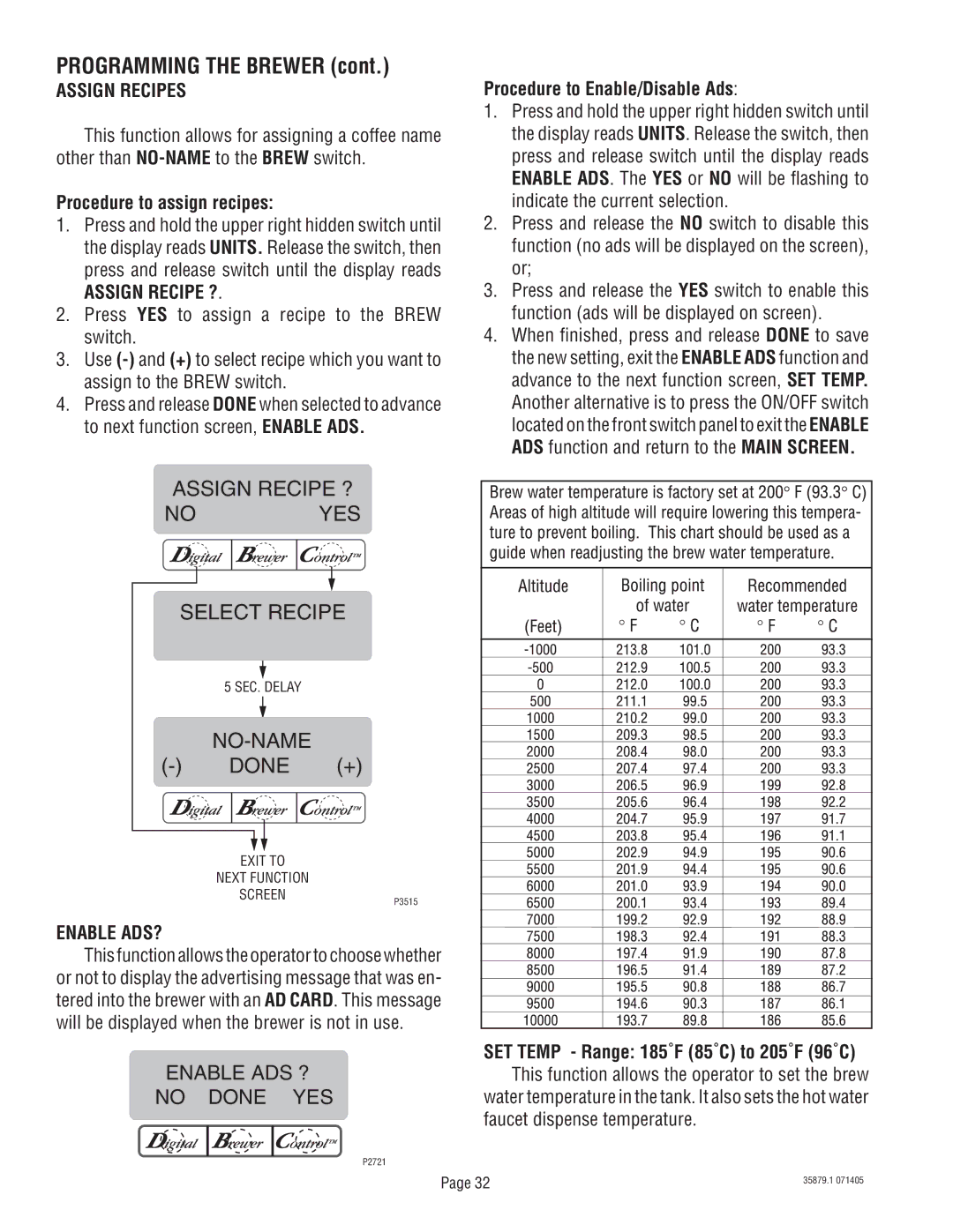 Bunn S/N SNG0033000 & UP manual Assign Recipes, Assign Recipe ?, Enable ADS? 