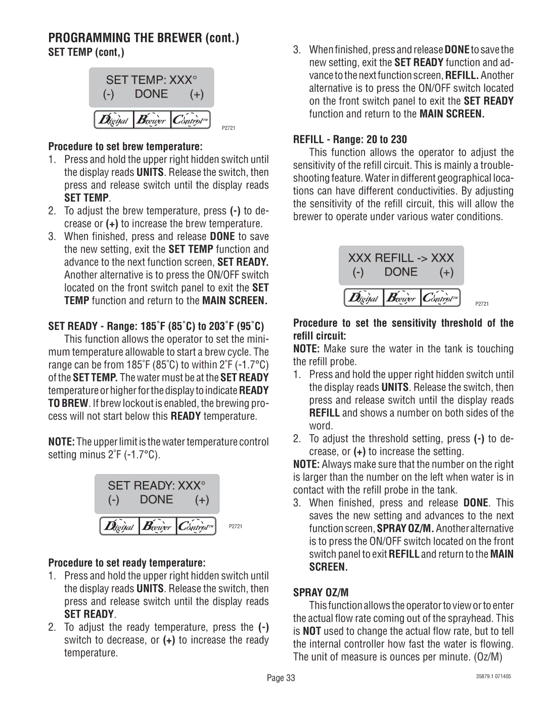 Bunn S/N SNG0033000 & UP manual SET Temp, SET Ready, Screen Spray OZ/M 