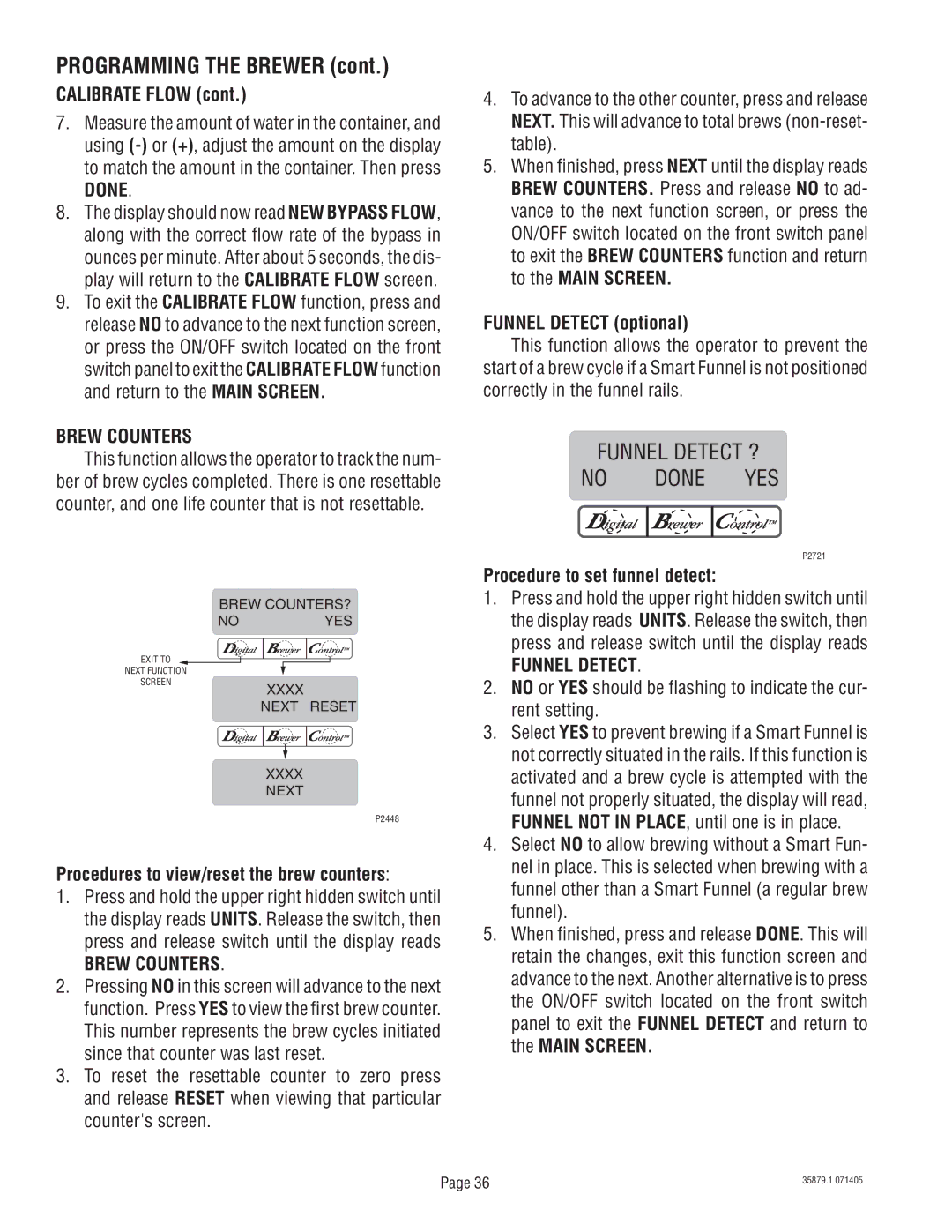 Bunn S/N SNG0033000 & UP manual Brew Counters, Funnel Detect optional, Procedure to set funnel detect, Main Screen 