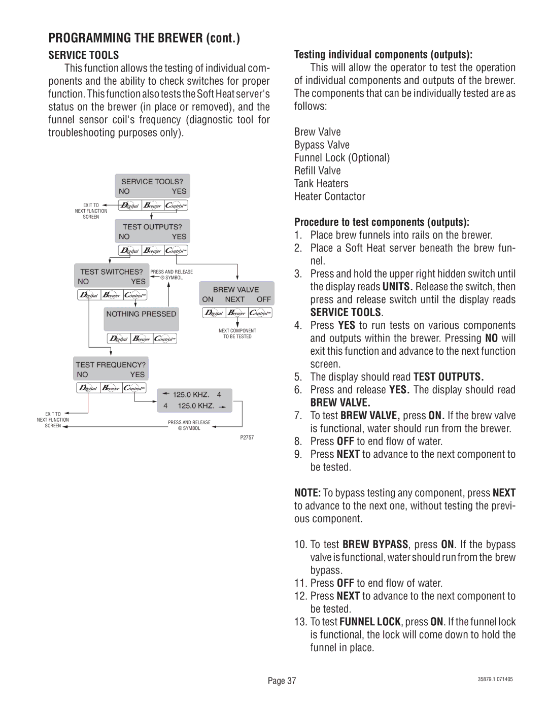 Bunn S/N SNG0033000 & UP manual Service Tools, Testing individual components outputs, Procedure to test components outputs 