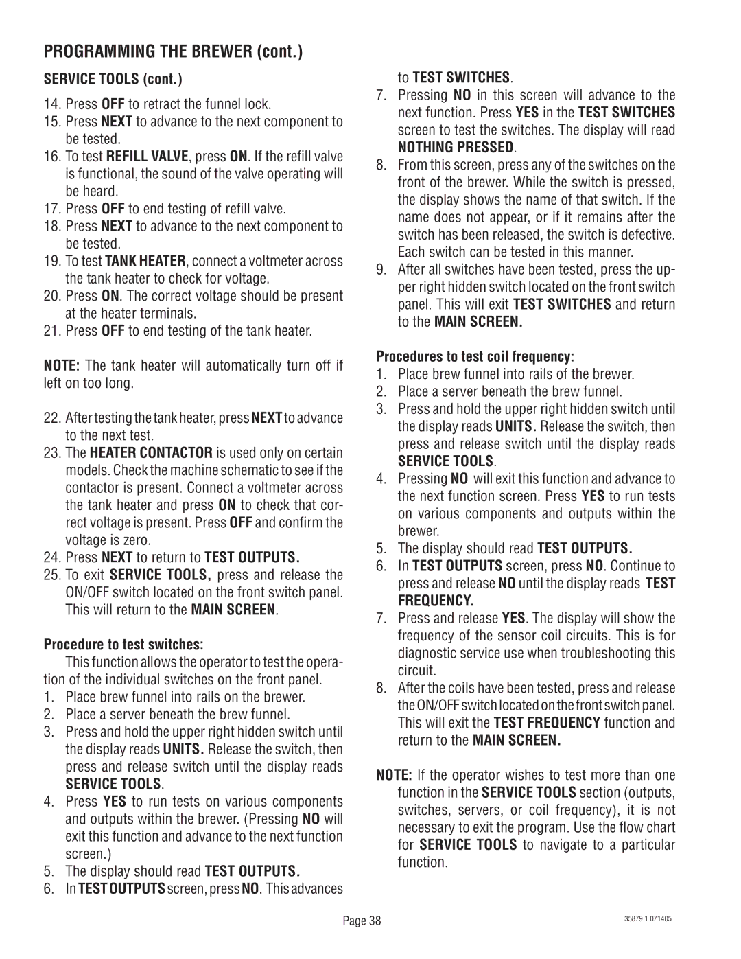 Bunn S/N SNG0033000 & UP manual Nothing Pressed, Frequency 