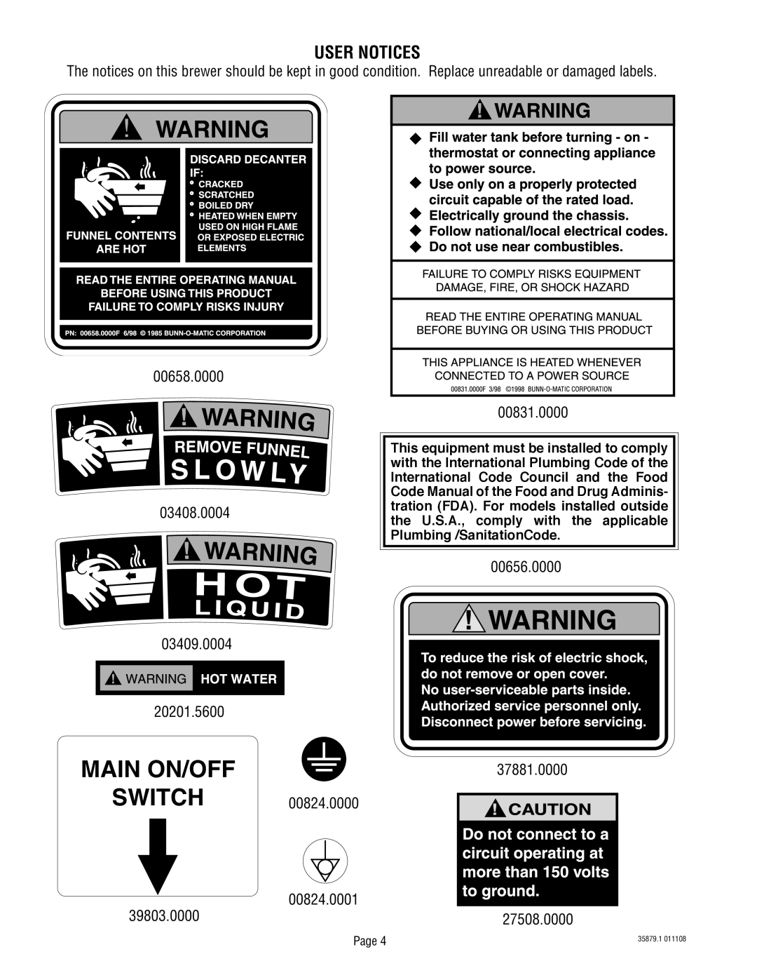 Bunn S/N SNG0033000 & UP manual User Notices 