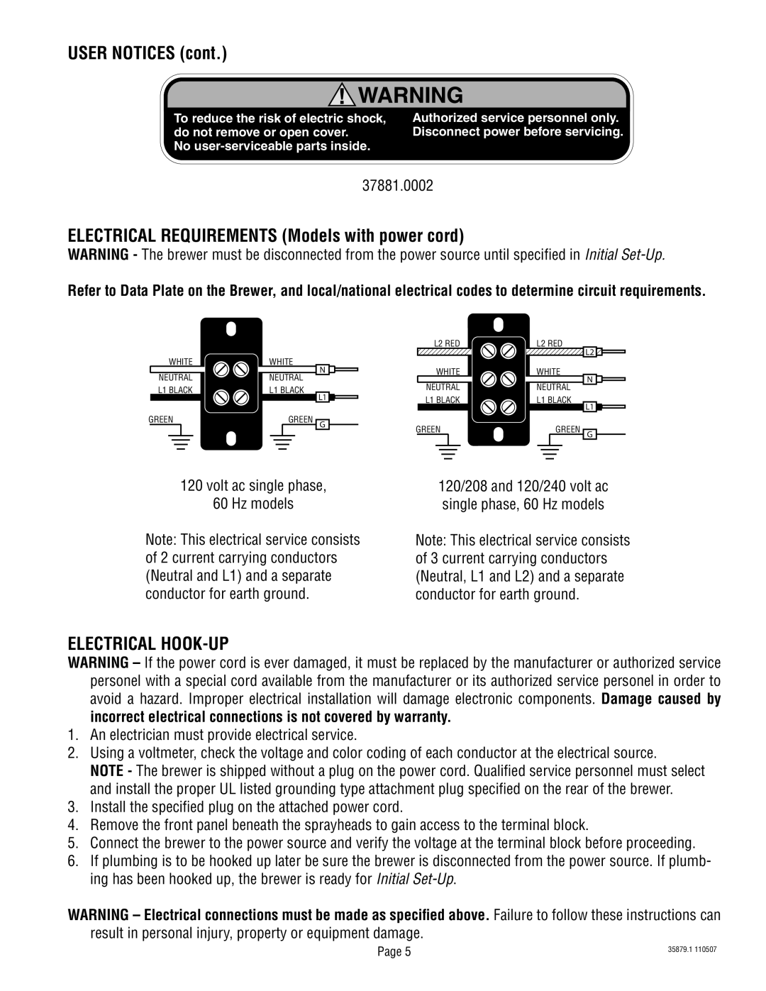 Bunn S/N SNG0033000 & UP manual Electrical HOOK-UP, 37881.0002, Volt ac single phase Hz models 