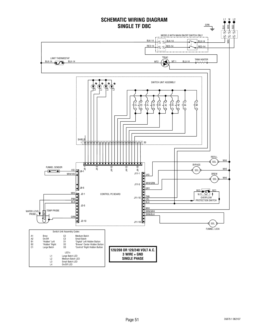 Bunn S/N SNG0033000 & UP manual Schematic Wiring Diagram Single TF DBC 