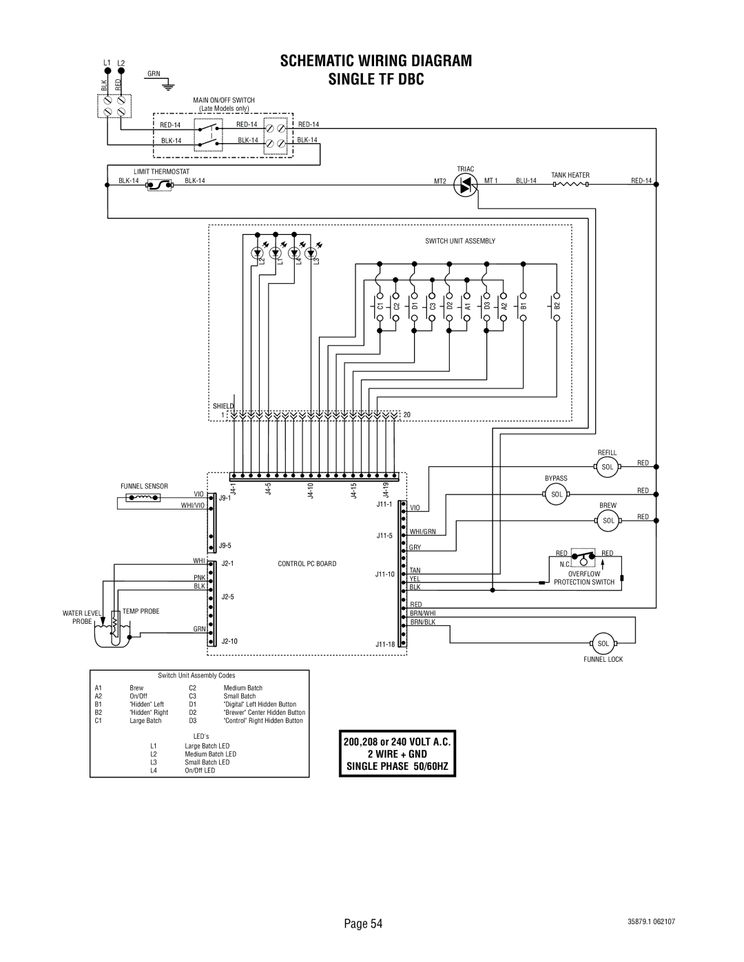 Bunn S/N SNG0033000 & UP manual Schematic Wiring Diagram Single TF DBC 