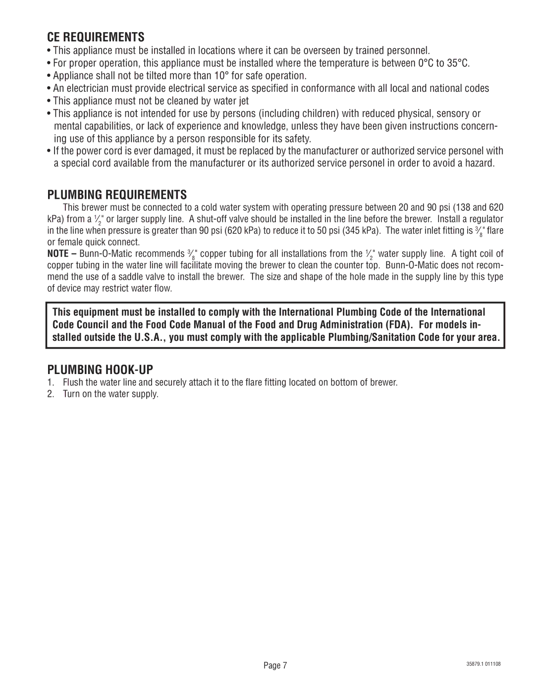 Bunn S/N SNG0033000 & UP manual CE Requirements, Plumbing Requirements, Plumbing HOOK-UP 