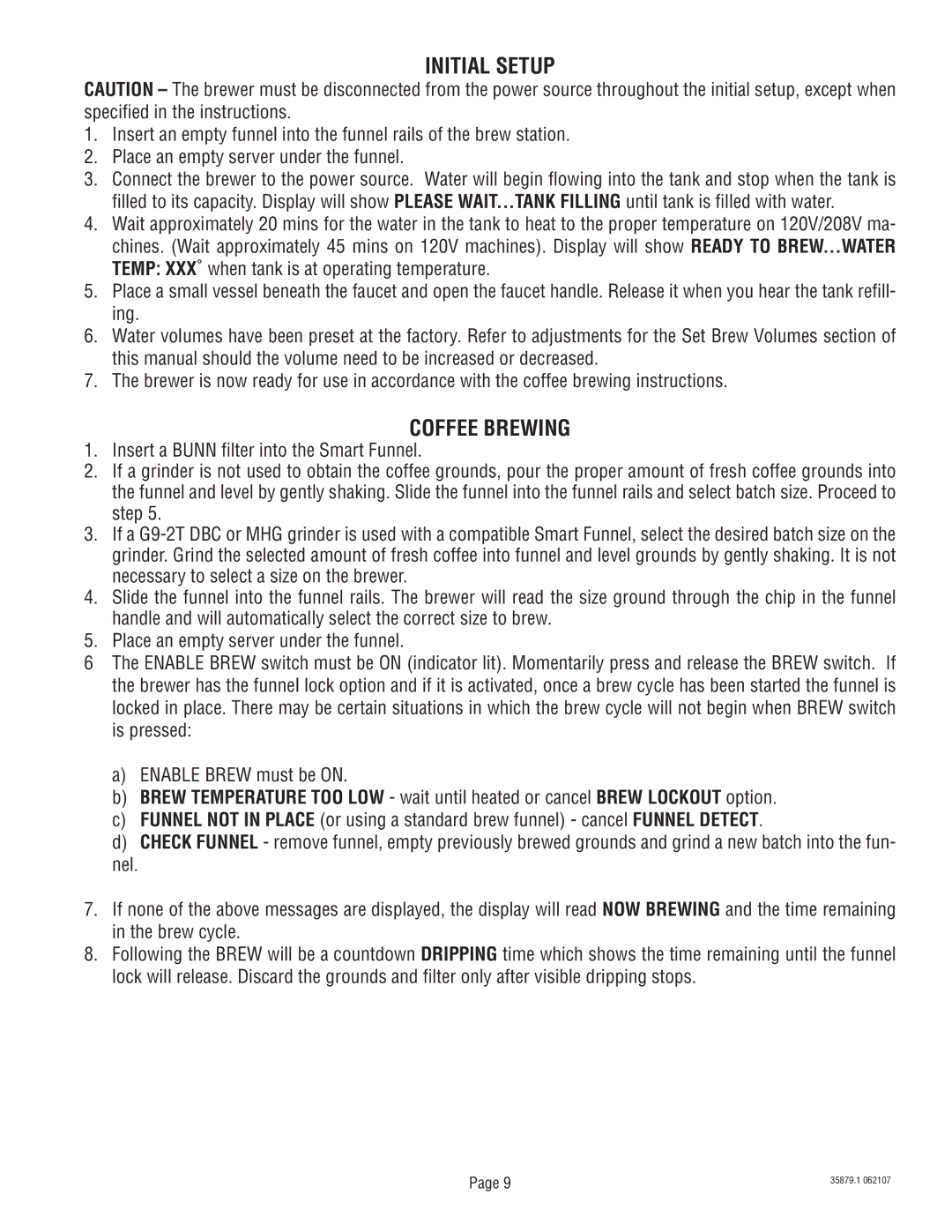 Bunn S/N SNG0033000 & UP manual Initial Setup, Coffee Brewing 