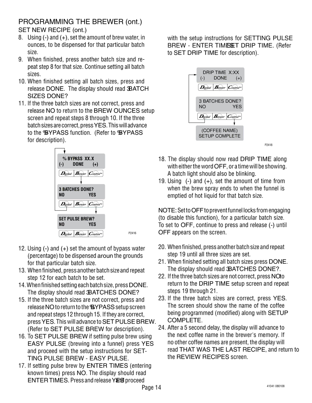 Bunn SNG0033000 manual SET NEW Recipe, Sizes DONE? 