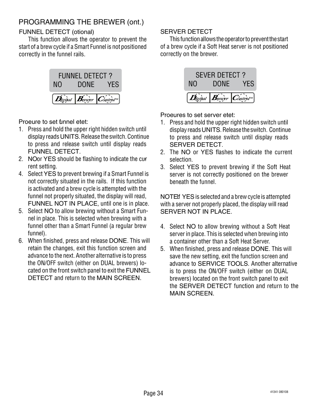 Bunn SNG0033000 manual Server Detect, Funnel Detect, Server not in Place 