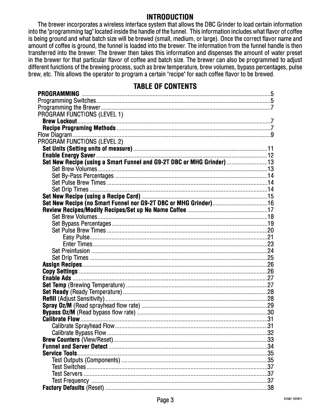 Bunn SNG0033000 manual Introduction, Table Of Contents 