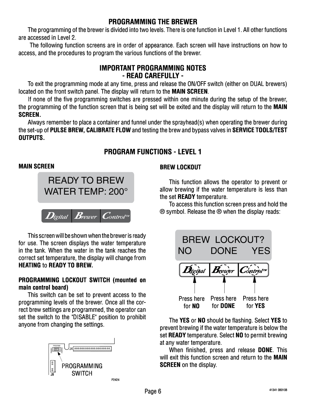 Bunn SNG0033000 Programming The Brewer, Important Programming Notes Read Carefully, Program Functions - Level, Screen 