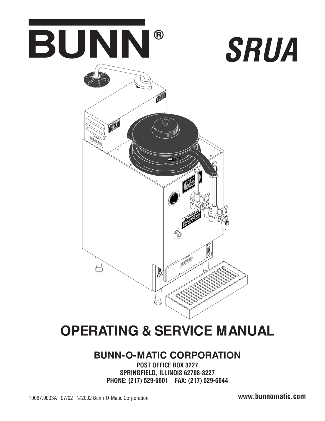 Bunn SRUA service manual Bunn Srua, Post Office BOX SPRINGFIELD, Illinois 