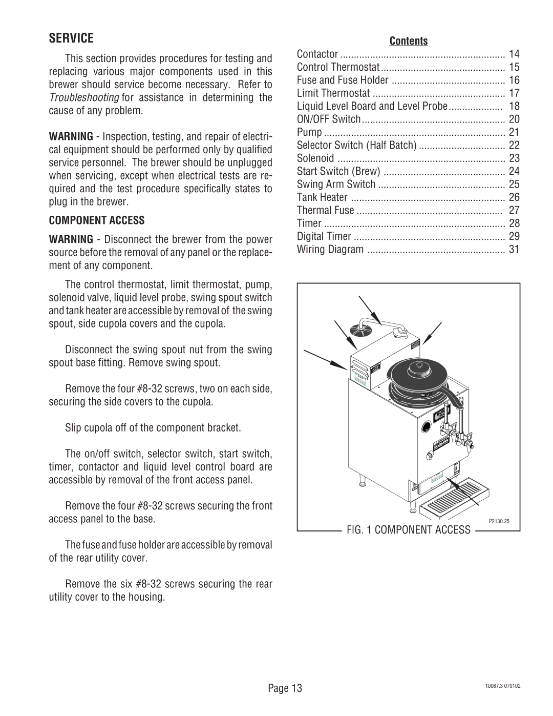 Bunn SRUA service manual Service, Component Access 