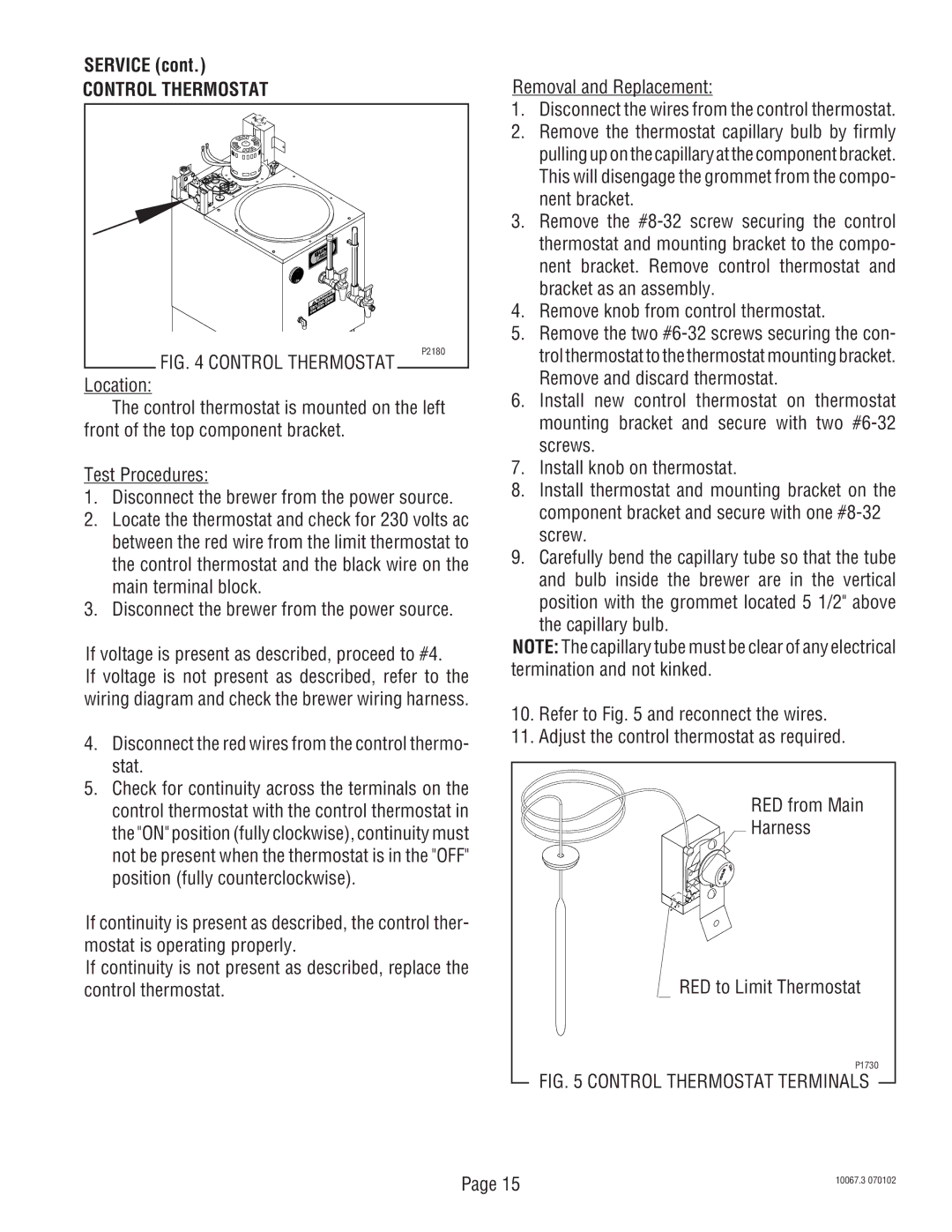 Bunn SRUA service manual Control Thermostat, Disconnect the red wires from the control thermo- stat 