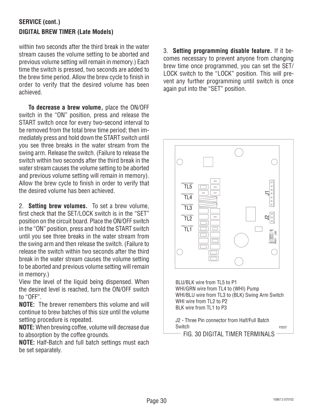 Bunn SRUA service manual Digital Timer Terminals 