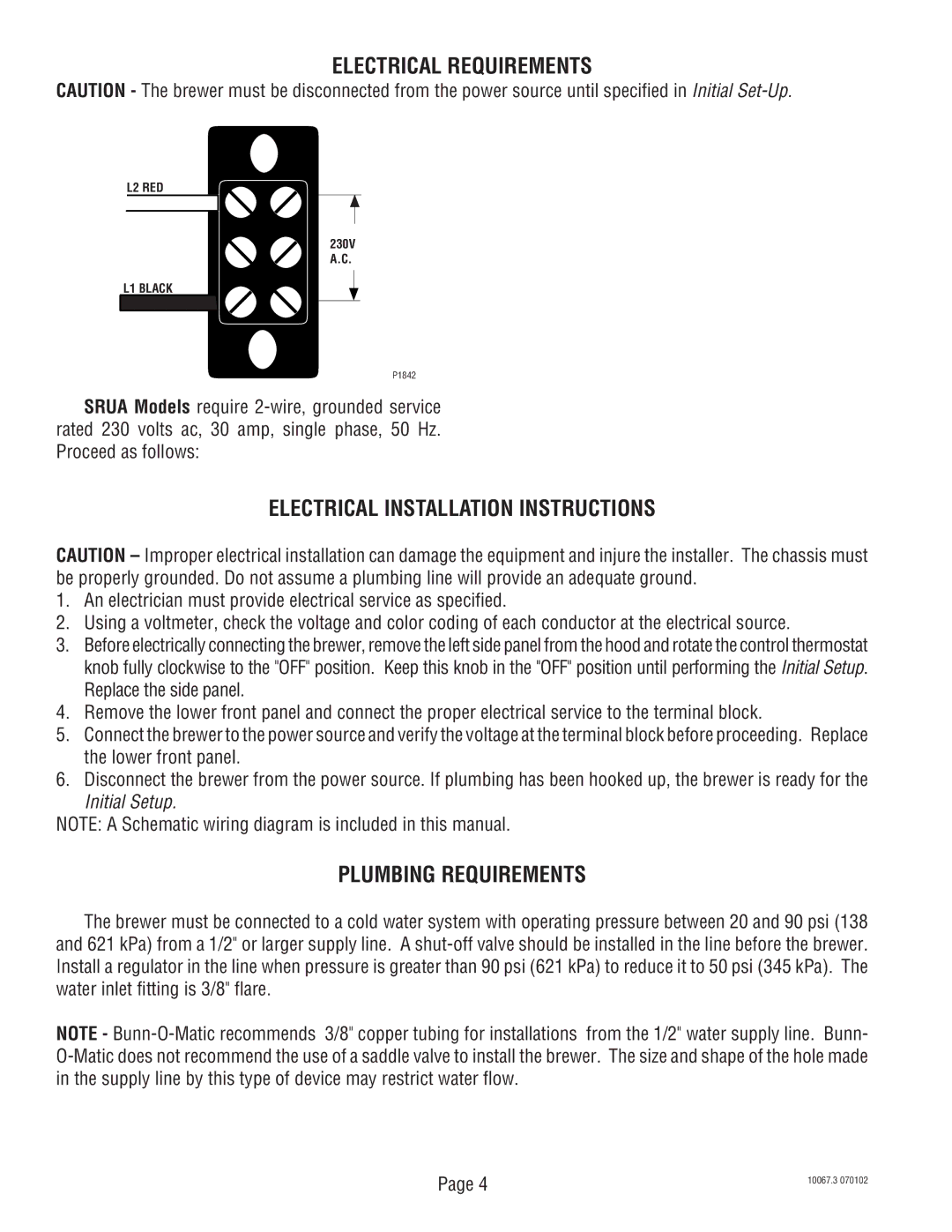 Bunn SRUA service manual Electrical Requirements, Electrical Installation Instructions, Plumbing Requirements 