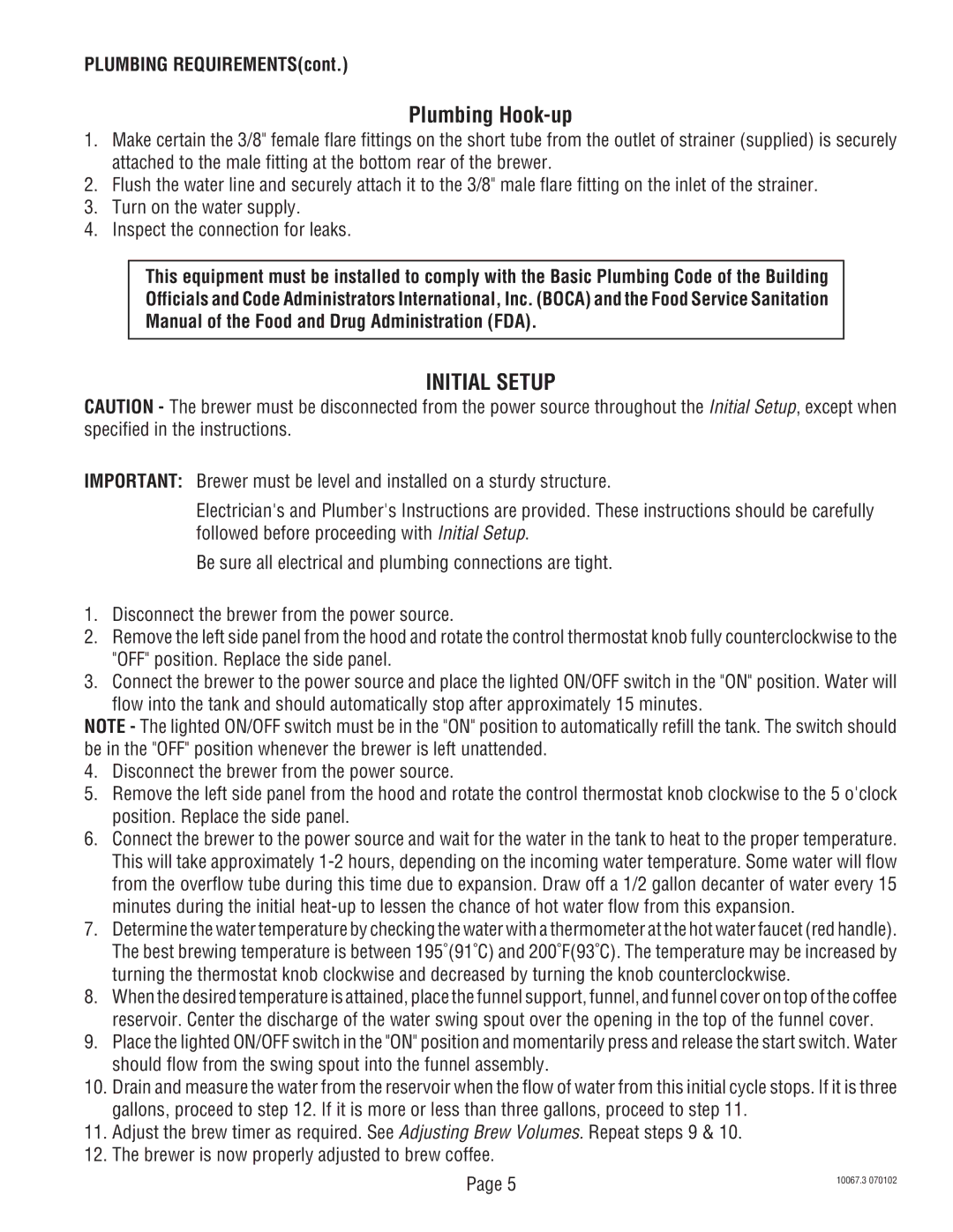 Bunn SRUA service manual Plumbing Hook-up, Initial Setup 