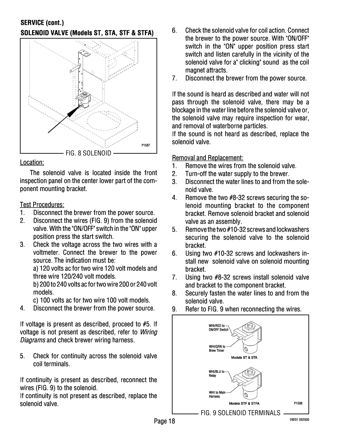 Bunn STFA, STA, SA service manual SERVICE cont, Solenoid 