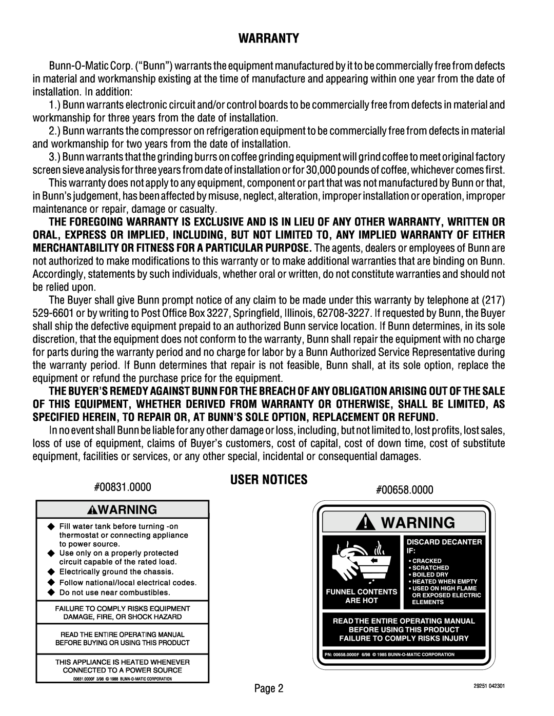 Bunn STA, STFA, SA service manual Warranty, User Notices 