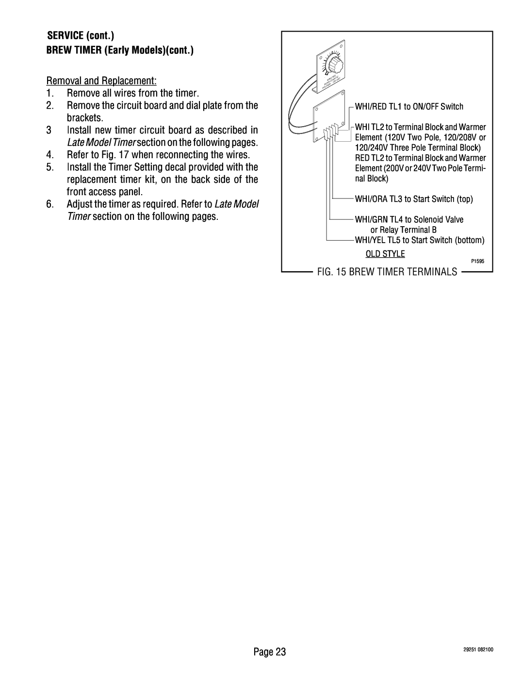 Bunn STFA, STA, SA service manual SERVICE cont BREW TIMER Early Modelscont 